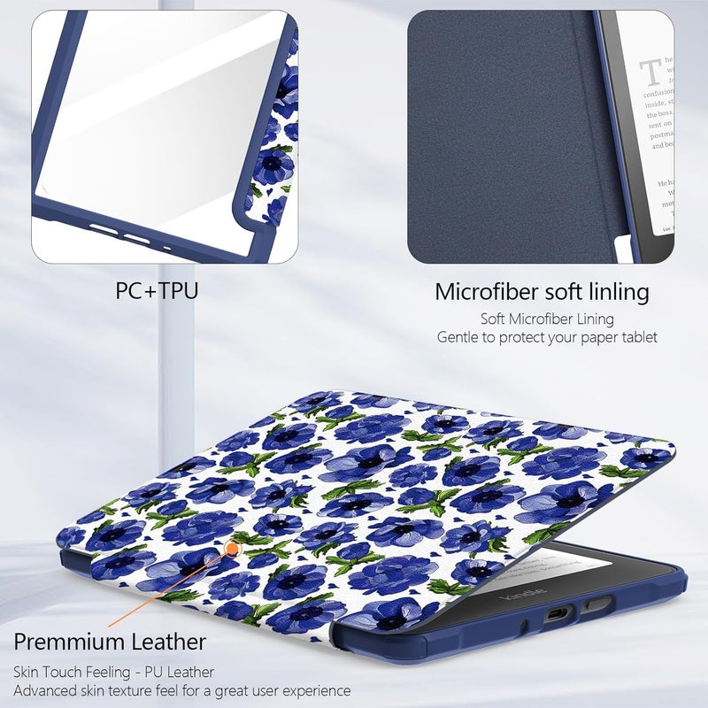 E NET-CASE Case for Kindle Paperwhite 12th Gen 2024 Released (7") & Kindle Colorsoft Signature Edition,Clear Back Shell Durable PU Leather Cover with Auto Sleep Wake,Blue Flowers - Image 3